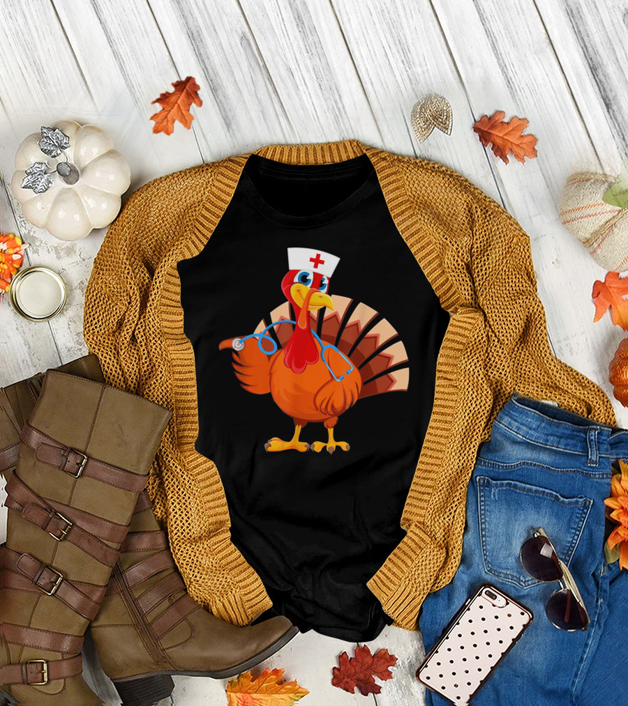 Thanksgiving Turkey Nurse with Stethoscope and Nurse Hat T-Shirt