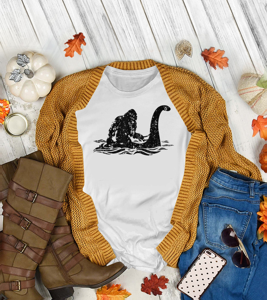 Bigfoot Riding Loch Ness Monster Nessie T-Shirt