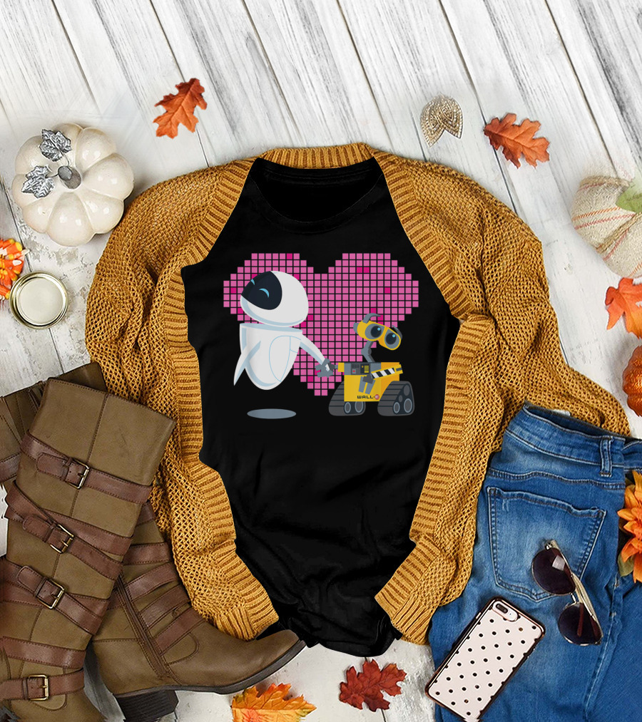 Disney Pixar WALL-E and Eve Pixelated Pink Heart T-Shirt