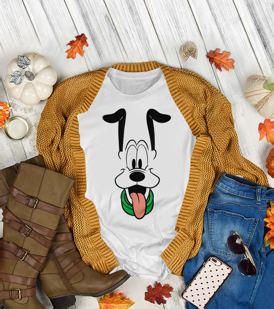 Disney Pluto Big Face Ears Up Tongue Out Green Collar T-Shirt