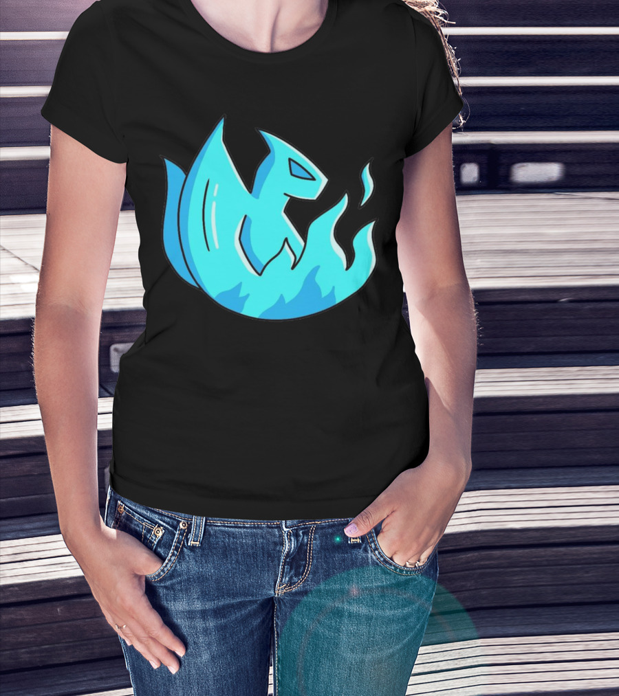 Woman with hands in pockets wearing Blue Flame Dragon Fire Icon Fantasy Image T-Shirt.