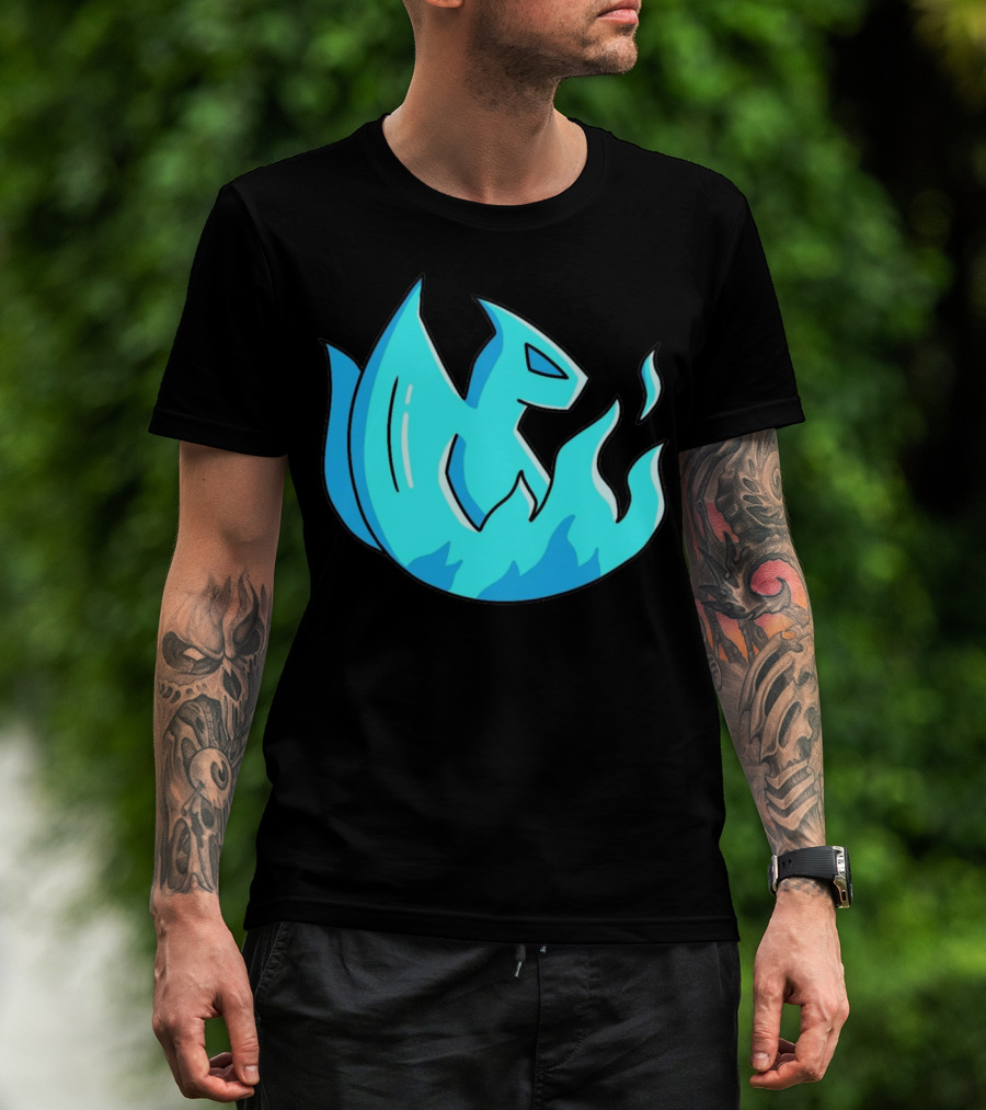 Man with tattoos models Blue Flame Dragon Fire Icon Fantasy Image T-Shirt outdoors.