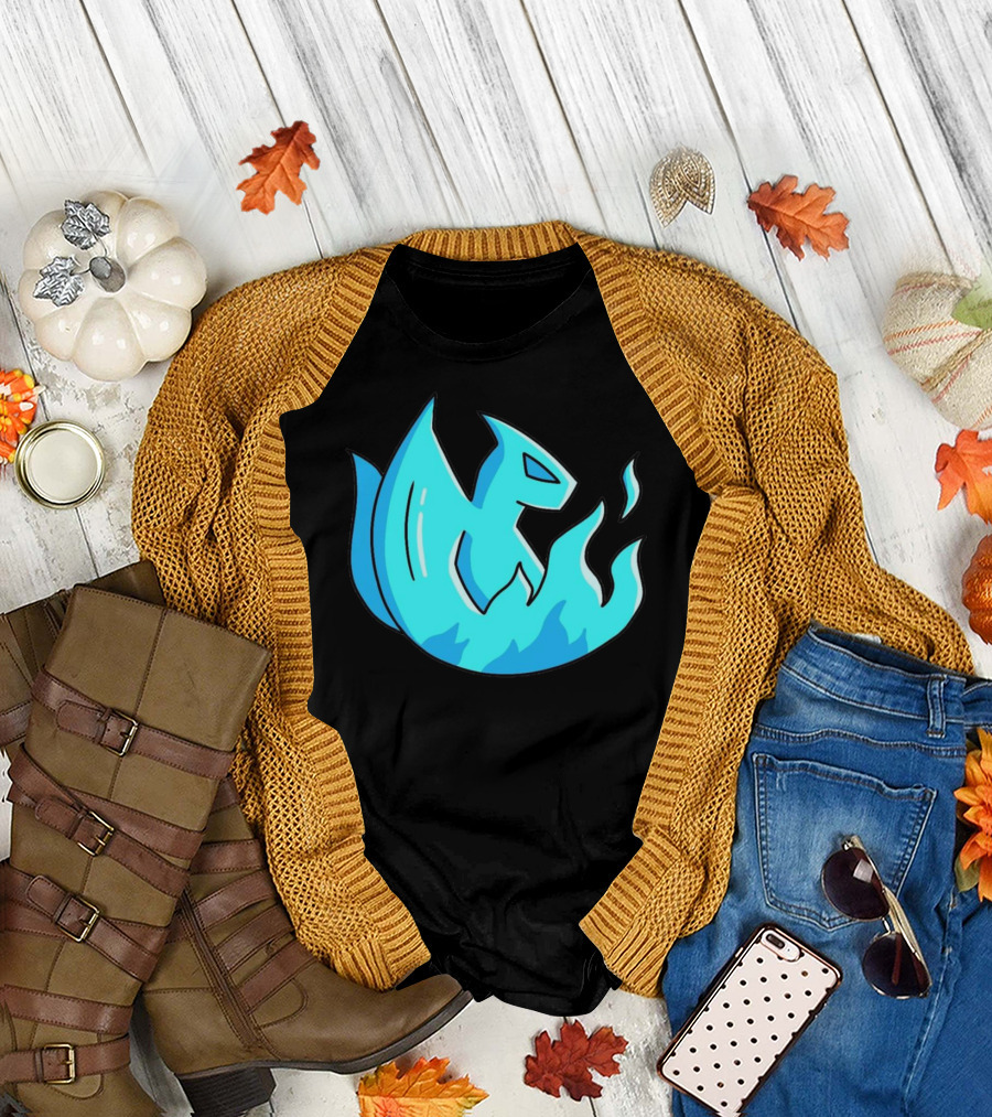 Fall flat lay featuring Blue Flame Dragon Fire Icon Fantasy Image T-Shirt with cardigan.