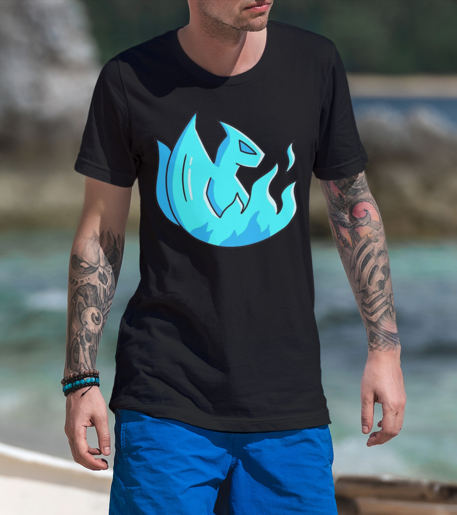 Man with tattoos models Blue Flame Dragon Fire Icon Fantasy Image T-Shirt at beach.