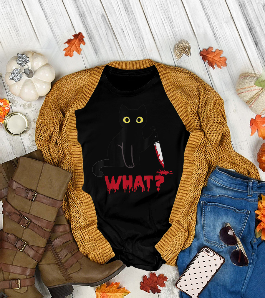Funny Black Cat What Murderous Cat with Knife T-Shirt
