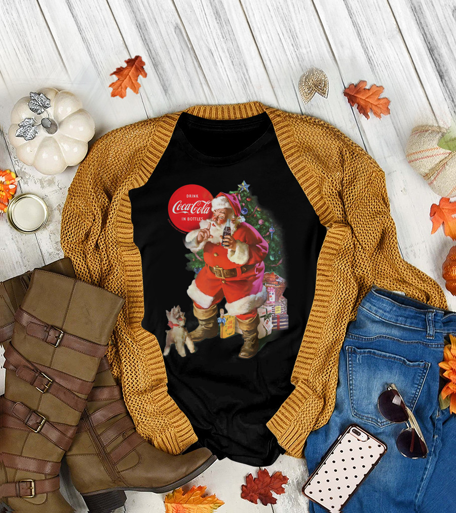 Drink Coca-Cola in Bottles Christmas Santa Claus with Puppy and Tree T-Shirt