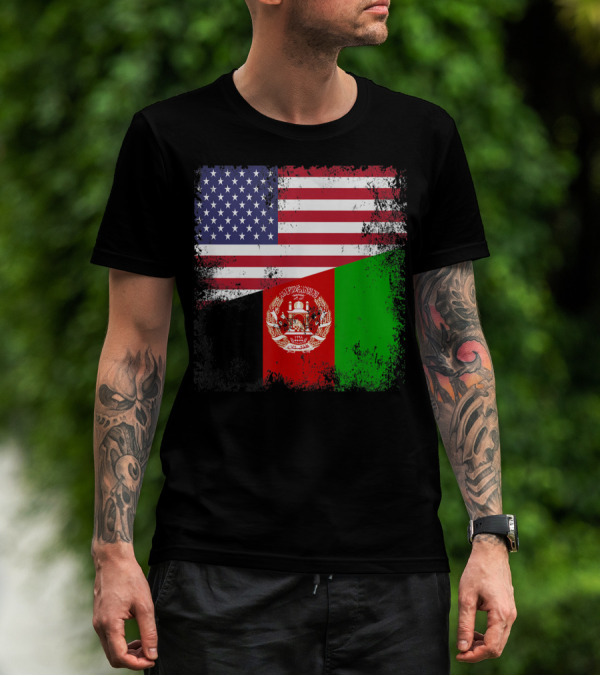 Half Afghan Flag Vintage Afghanistan USA Dual Flags T-Shirt