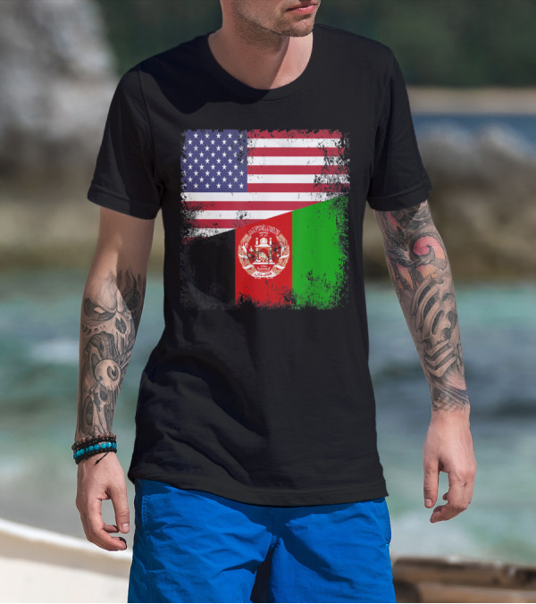 Half Afghan Flag Vintage Afghanistan USA Dual Flags T-Shirt