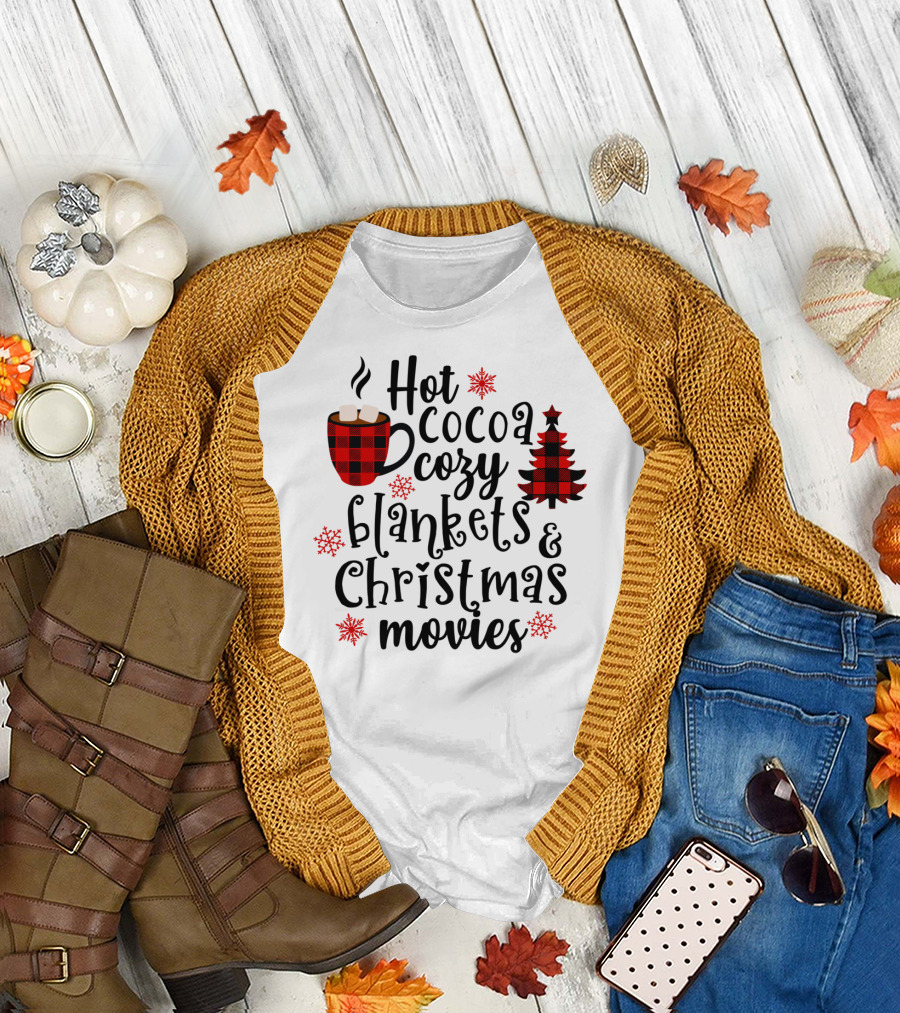 Hot Cocoa Cozy Blankets Christmas Movies Plaid Mug and Tree Snowflakes T-Shirt