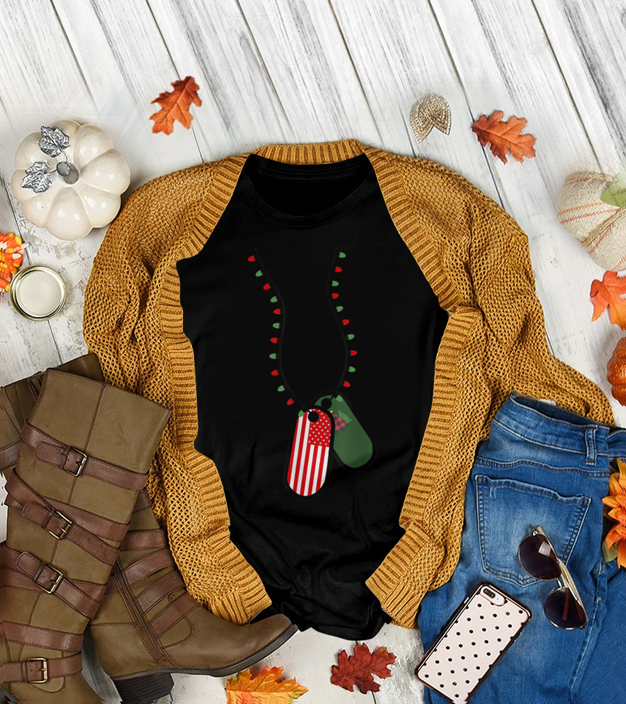 Military Dog Tags with Christmas Lights Patriotic USA T-Shirt