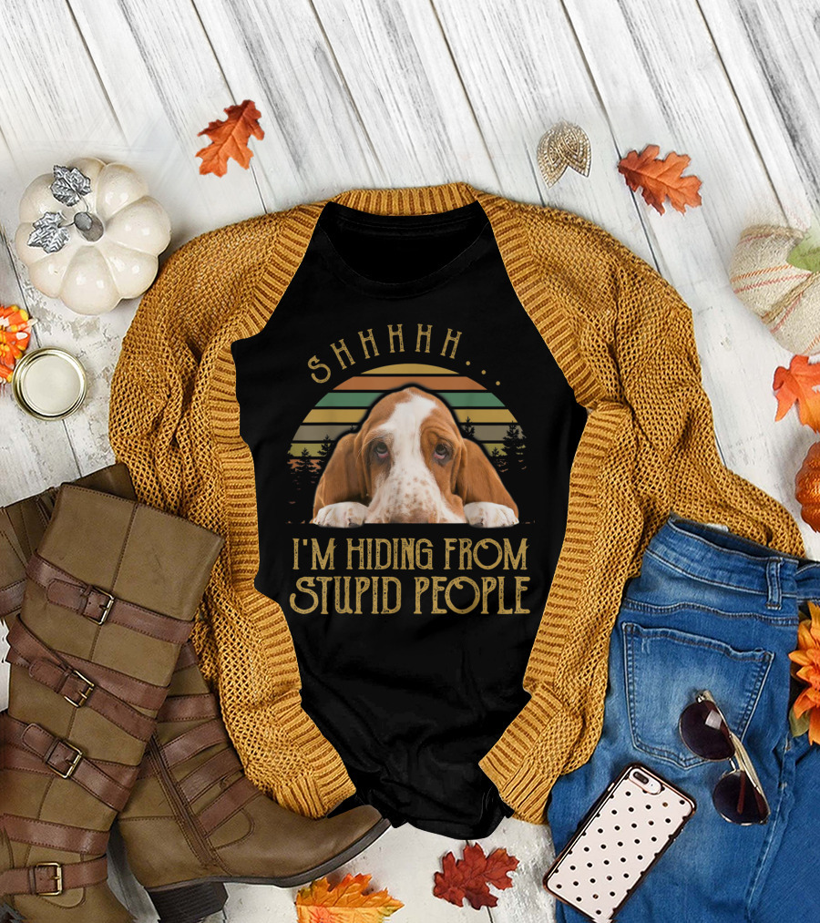 SHHHHHHH I'm Hiding From Stupid People Basset Hound Retro Sunset Forest T-Shirt