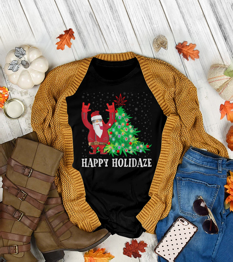 Happy Holidaze Smoking Santa Cannabis Christmas Tree T-Shirt