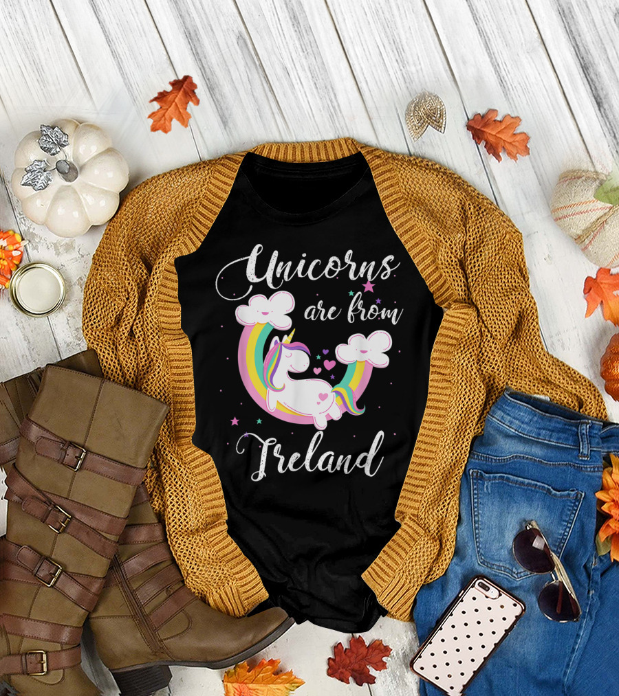 Unicorns Are From Ireland Rainbow Clouds Hearts T-Shirt