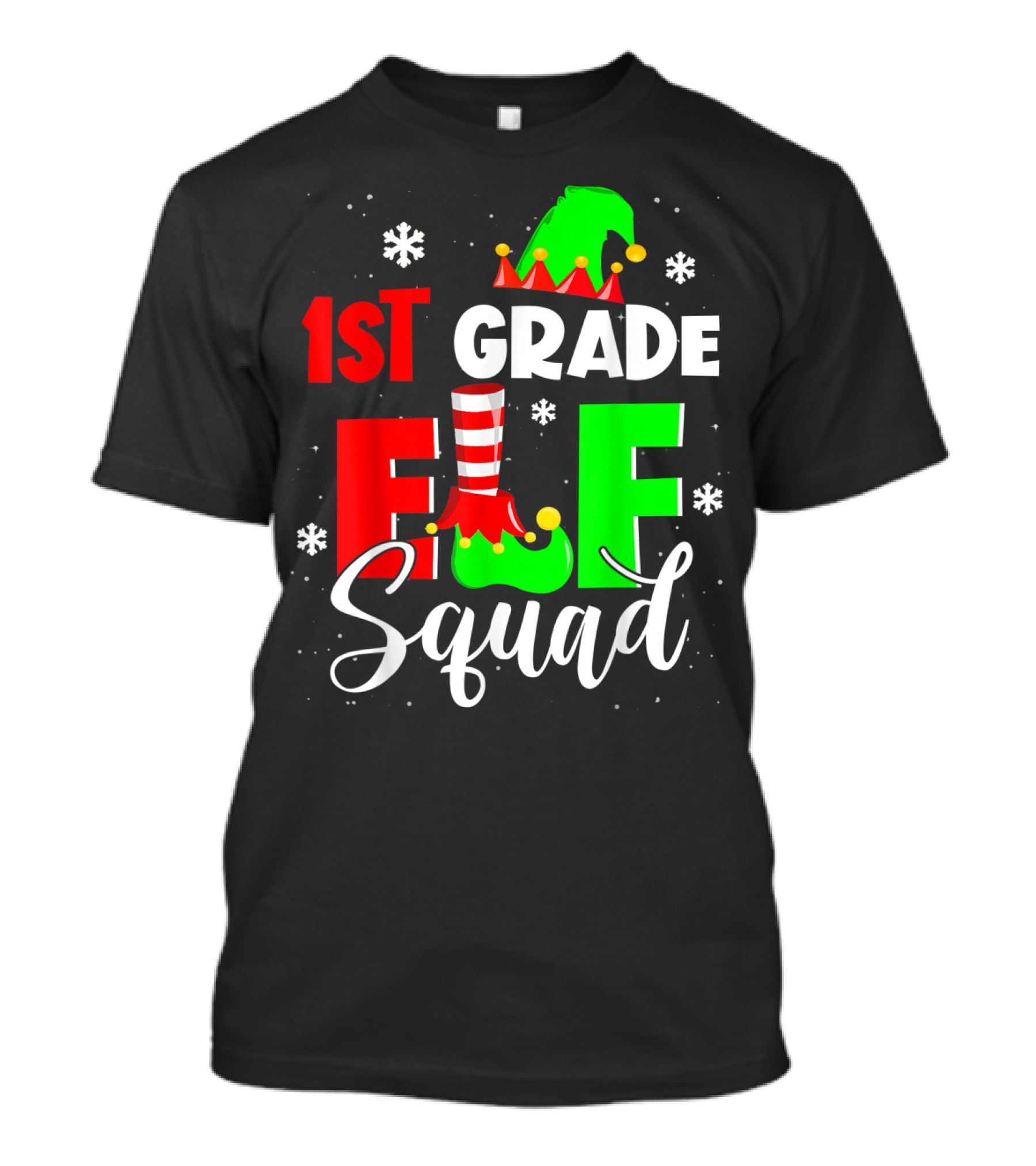 1st Grade Elf Squad Funny Elementary Teacher Christmas Snowflakes Holiday T-Shirt