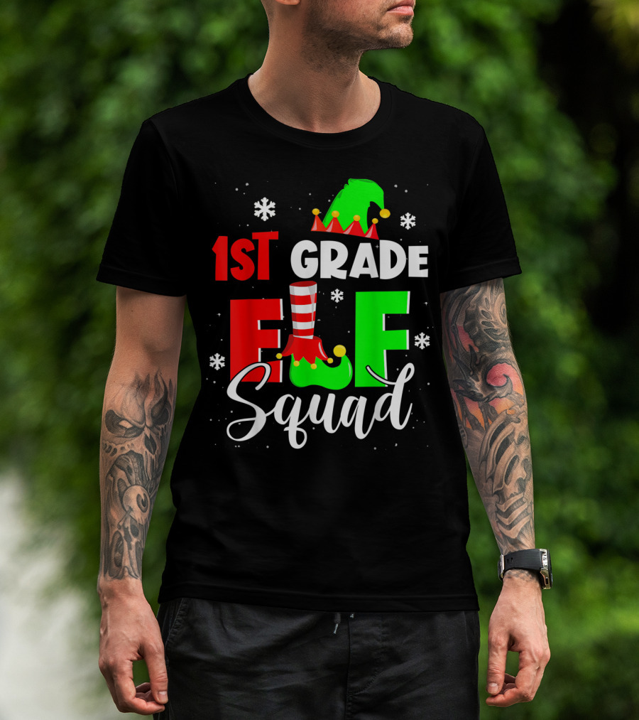 1st Grade Elf Squad Funny Elementary Teacher Christmas Snowflakes Holiday T-Shirt