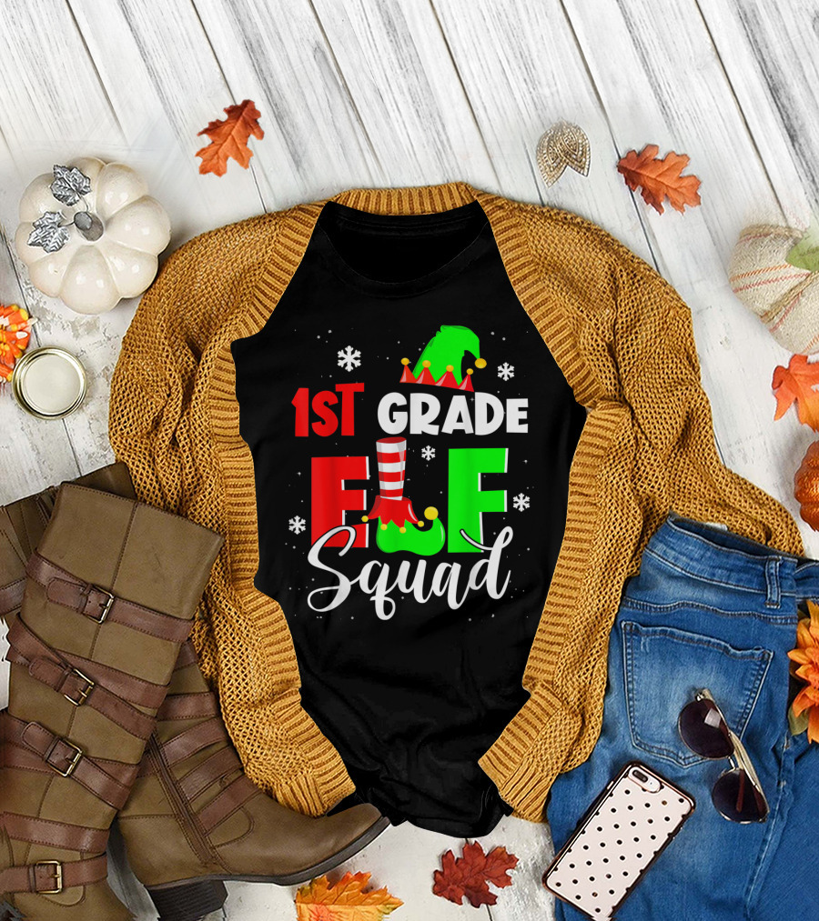 1st Grade Elf Squad Funny Elementary Teacher Christmas Snowflakes Holiday T-Shirt