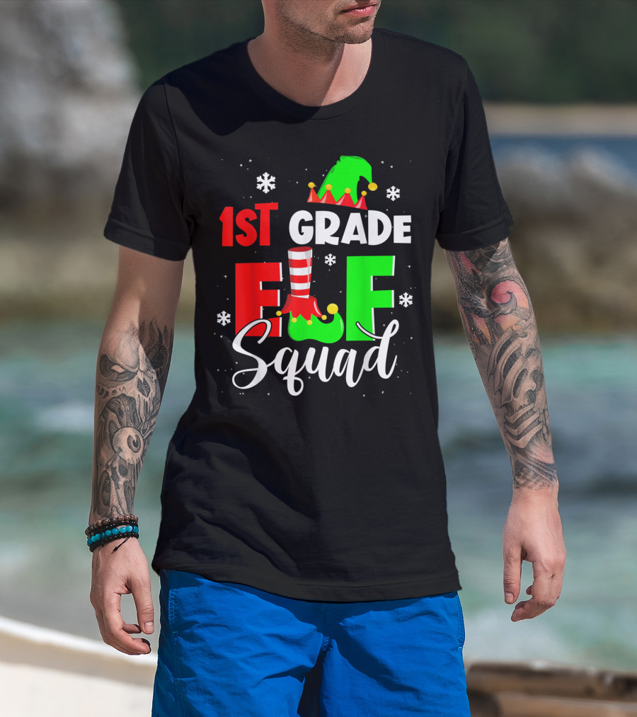 1st Grade Elf Squad Funny Elementary Teacher Christmas Snowflakes Holiday T-Shirt