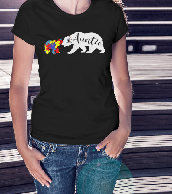 Auntie Bear With Autism Awareness Puzzle Pattern Bear T-Shirt