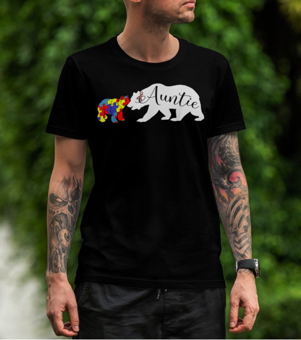 Auntie Bear With Autism Awareness Puzzle Pattern Bear T-Shirt