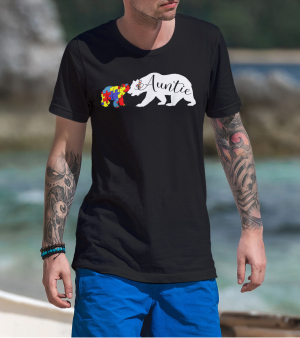 Auntie Bear With Autism Awareness Puzzle Pattern Bear T-Shirt