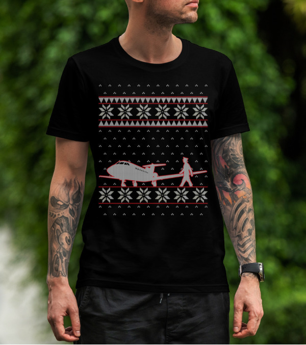 Aviation Pilots Ugly Christmas Sweater Flight Snowflakes Airplane Festive T-Shirt