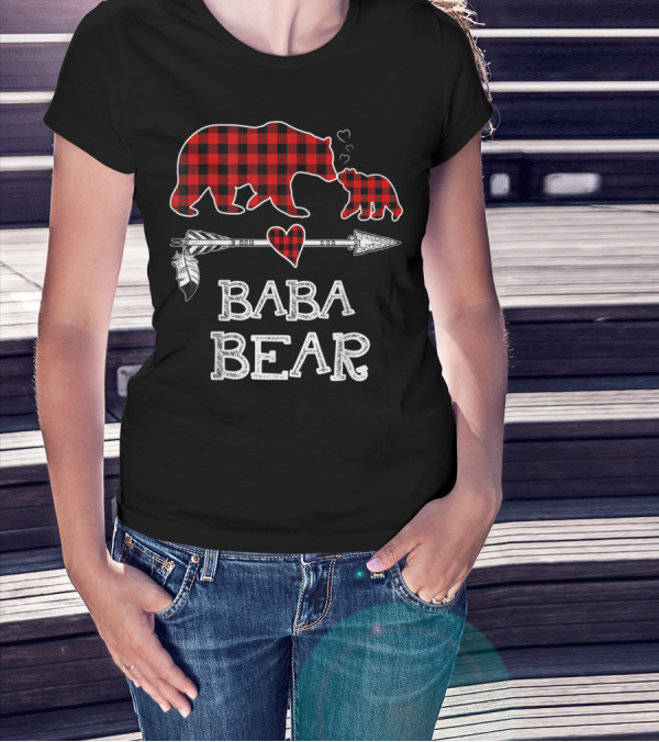 Baba Bear Red Plaid Buffalo Arrow Heart Christmas T-Shirt