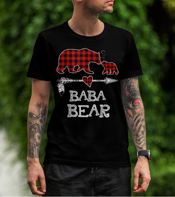 Baba Bear Red Plaid Buffalo Arrow Heart Christmas T-Shirt