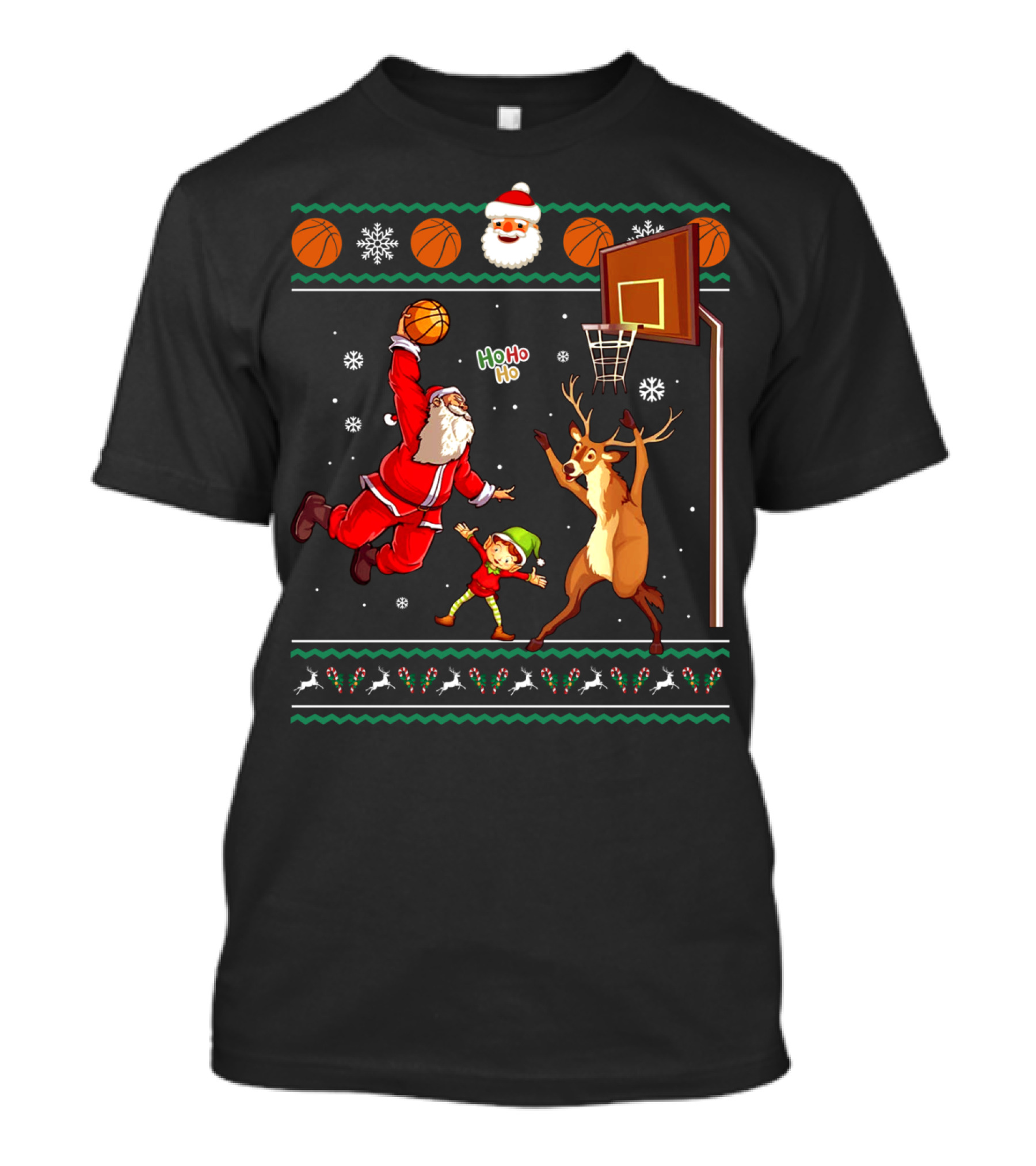 Santa Dunking Basketball Christmas Ho Ho Ho Reindeer Retro Holiday T-Shirt