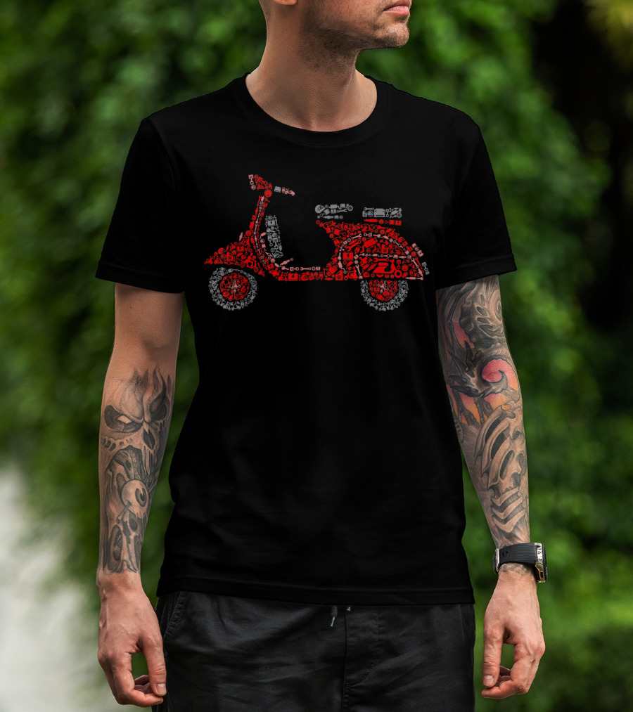 Scooter Made Of Battery Oil Key Meter Wrench Tools Helmet Red T-Shirt