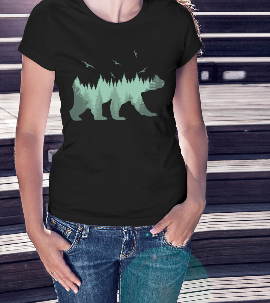 Bear Silhouette Forest With Flying Eagles T-Shirt