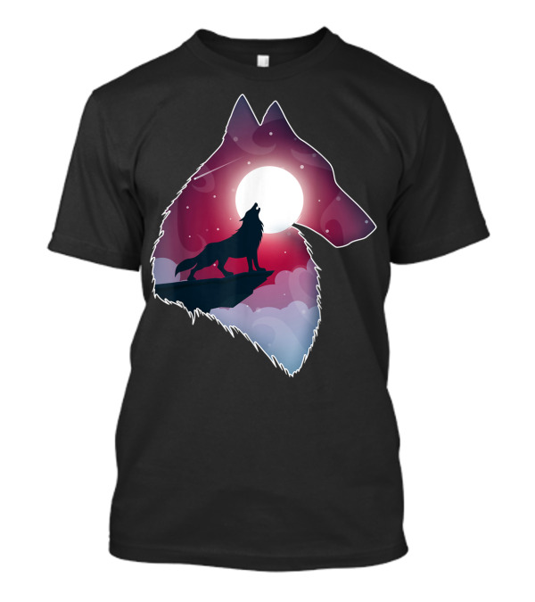 Majestic Wolf Silhouette Against Moonlit Night Sky T-Shirt