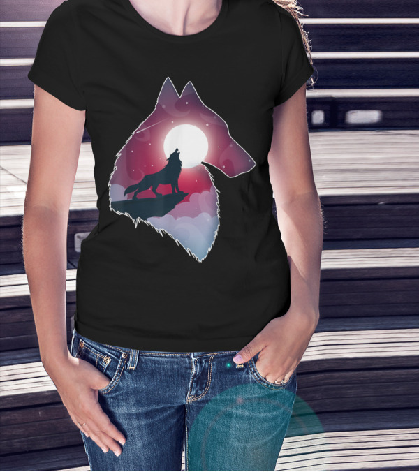 Majestic Wolf Silhouette Against Moonlit Night Sky T-Shirt