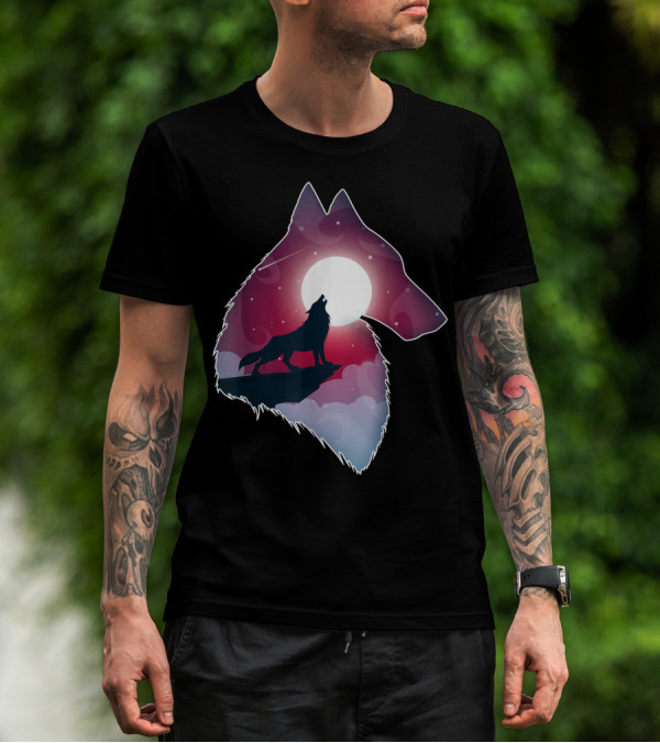 Majestic Wolf Silhouette Against Moonlit Night Sky T-Shirt