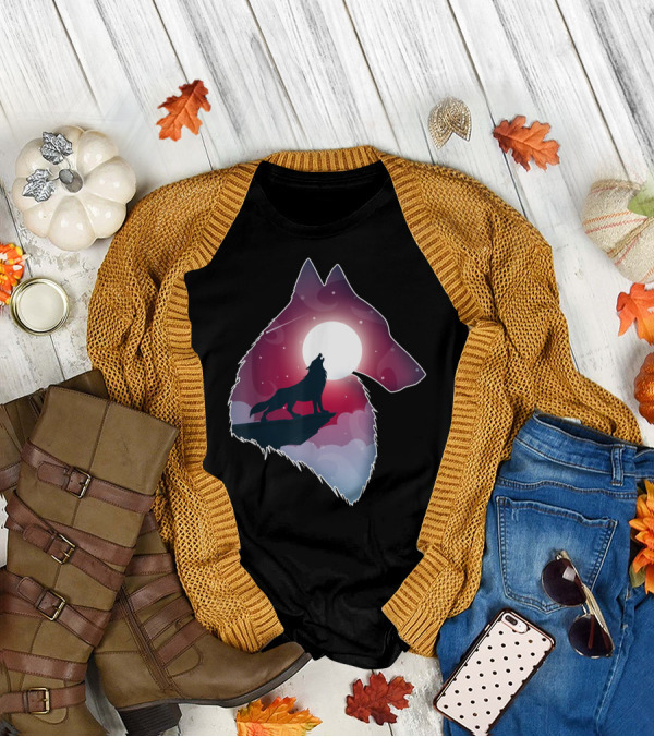 Majestic Wolf Silhouette Against Moonlit Night Sky T-Shirt