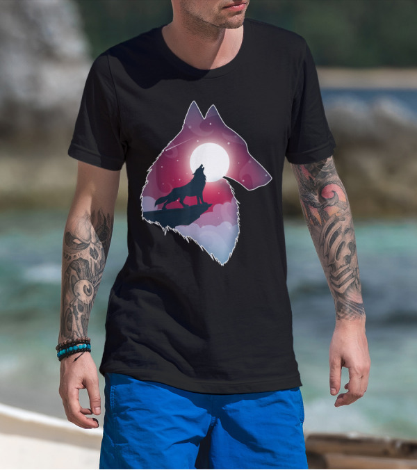 Majestic Wolf Silhouette Against Moonlit Night Sky T-Shirt