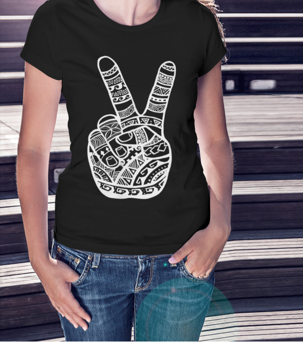 Boho Polynesian Tiki Tattoo Style Peace Sign Hand T-Shirt