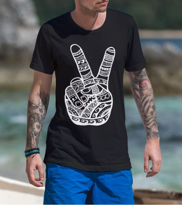 Boho Polynesian Tiki Tattoo Style Peace Sign Hand T-Shirt