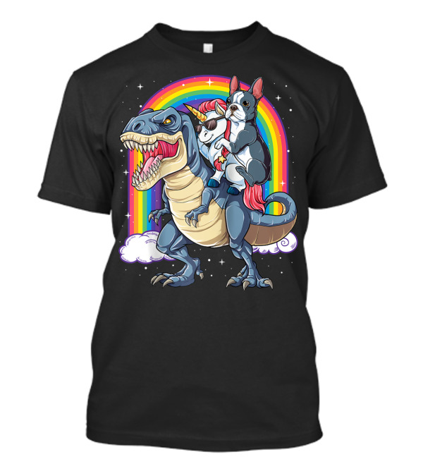 Boston Terrier Unicorn Riding Dinosaur Rex T-Shirt