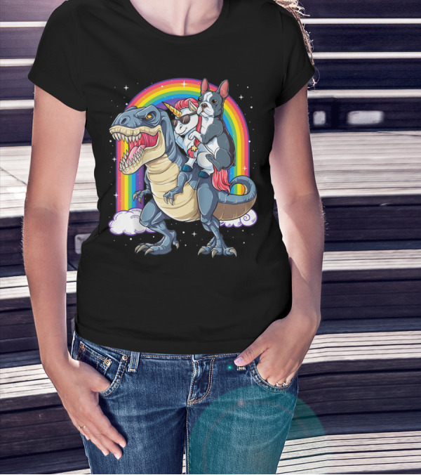 Boston Terrier Unicorn Riding Dinosaur Rex T-Shirt