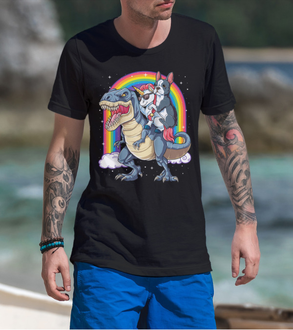 Boston Terrier Unicorn Riding Dinosaur Rex T-Shirt