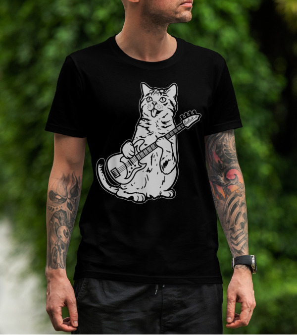 Cat Playing Bass Guitar Musician Animal Pet Rock T-Shirt