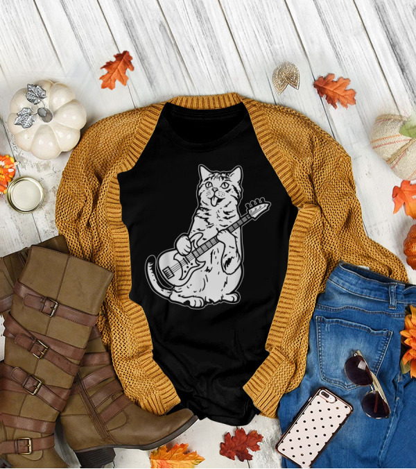 Cat Playing Bass Guitar Musician Animal Pet Rock T-Shirt