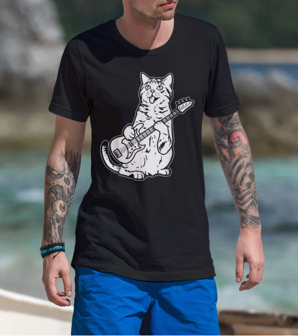 Cat Playing Bass Guitar Musician Animal Pet Rock T-Shirt