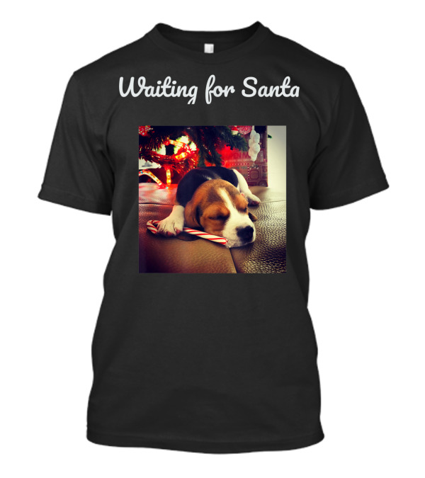 Waiting For Santa Christmas Cute Dog With Candy Cane T-Shirt