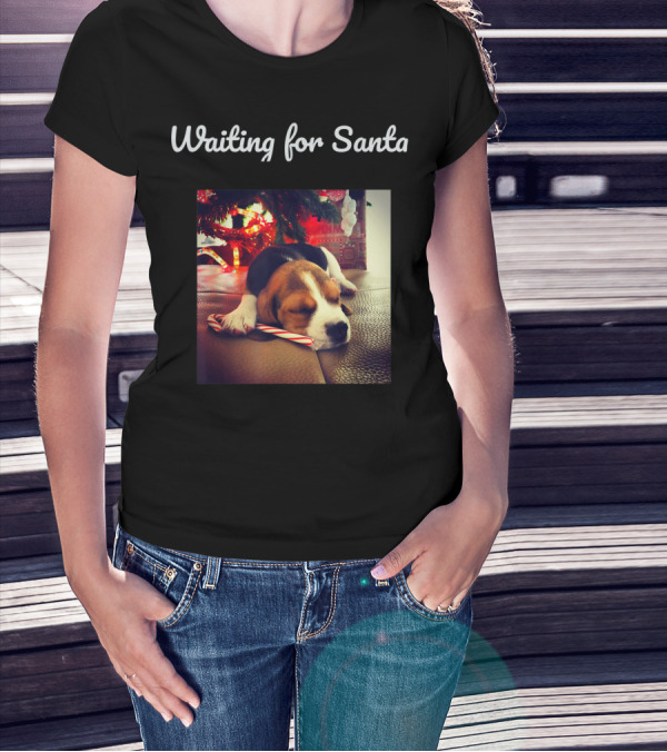 Waiting For Santa Christmas Cute Dog With Candy Cane T-Shirt