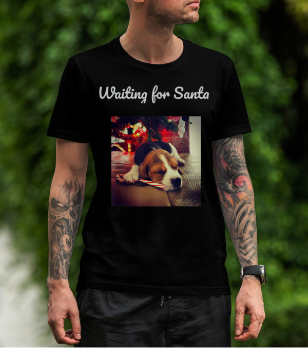 Waiting For Santa Christmas Cute Dog With Candy Cane T-Shirt