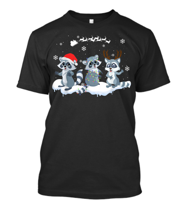 Christmas Raccoons Santa Hat Antlers Snowflakes Sleigh T-Shirt