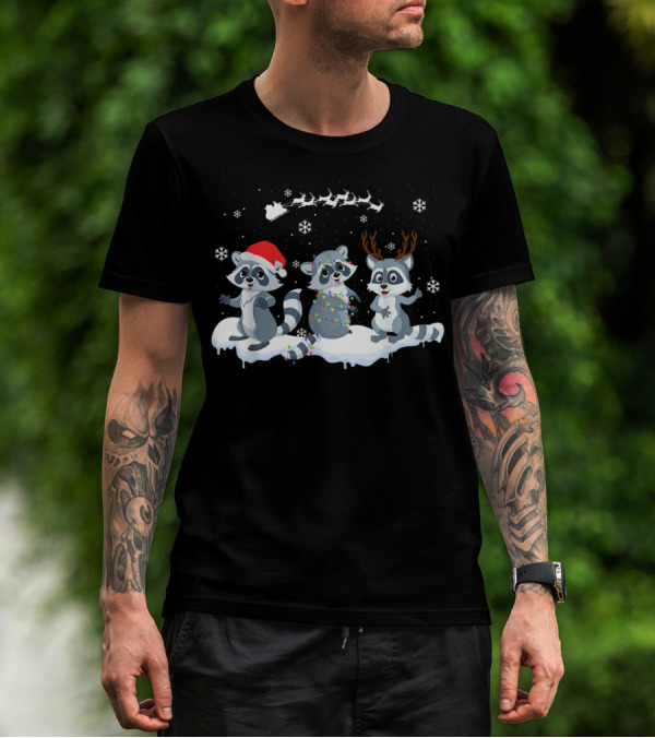 Christmas Raccoons Santa Hat Antlers Snowflakes Sleigh T-Shirt