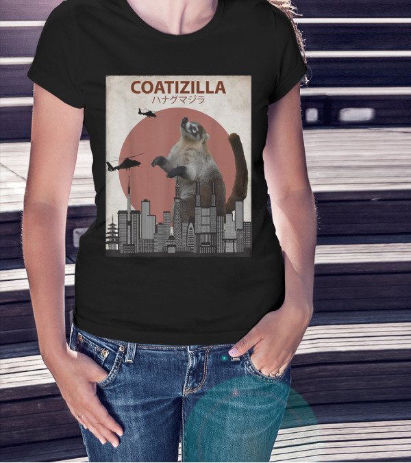 Coatizilla Funny Coati With City Skyline And Helicopters T-Shirt