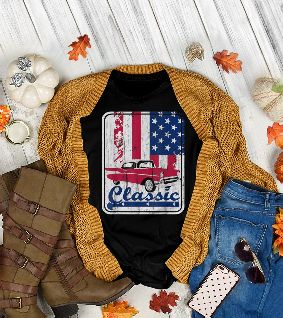 Classic American Muscle Car with USA Flag T-Shirt